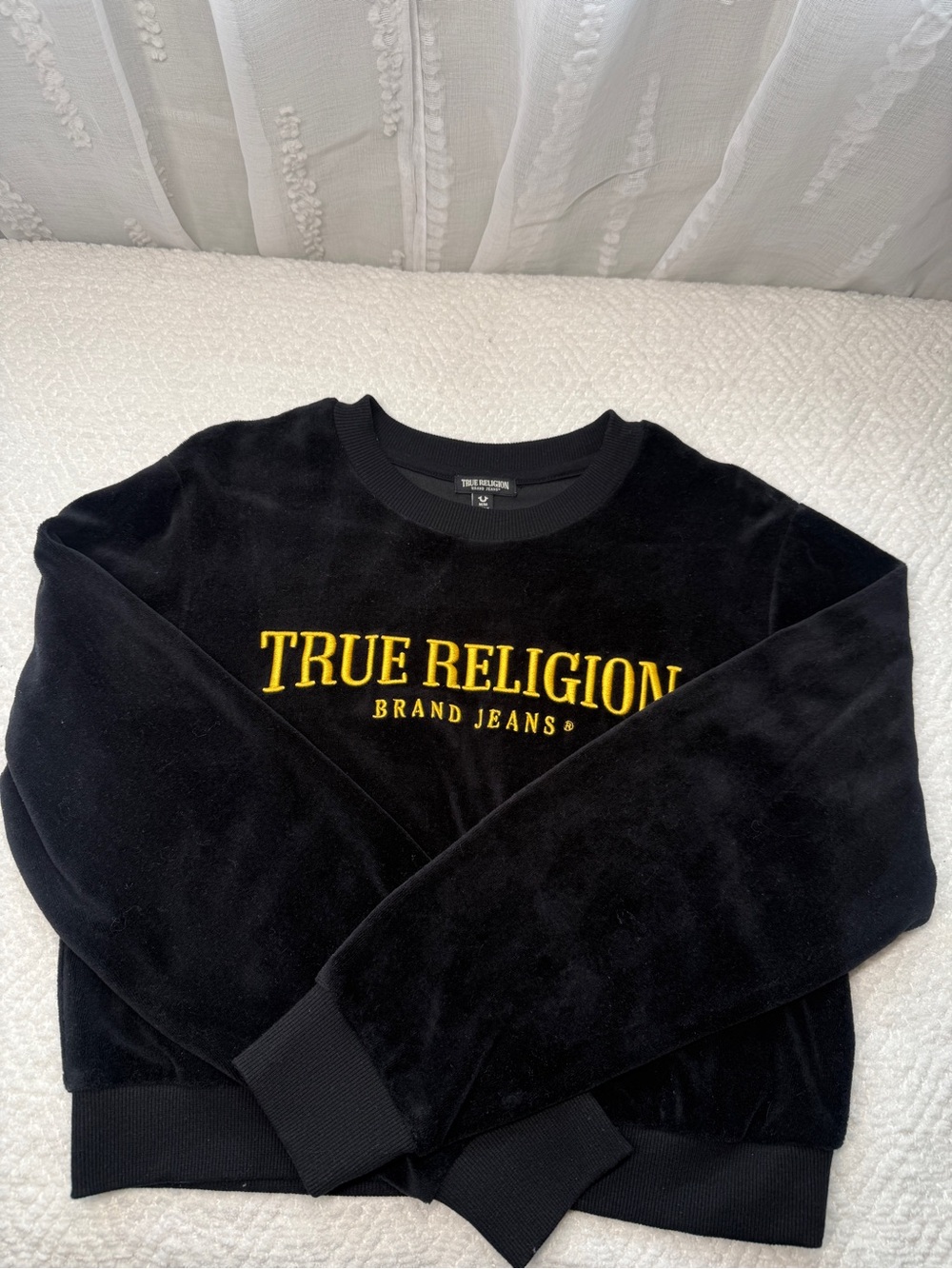 True Religion Black Velour Sweatshirt with Yellow Logo